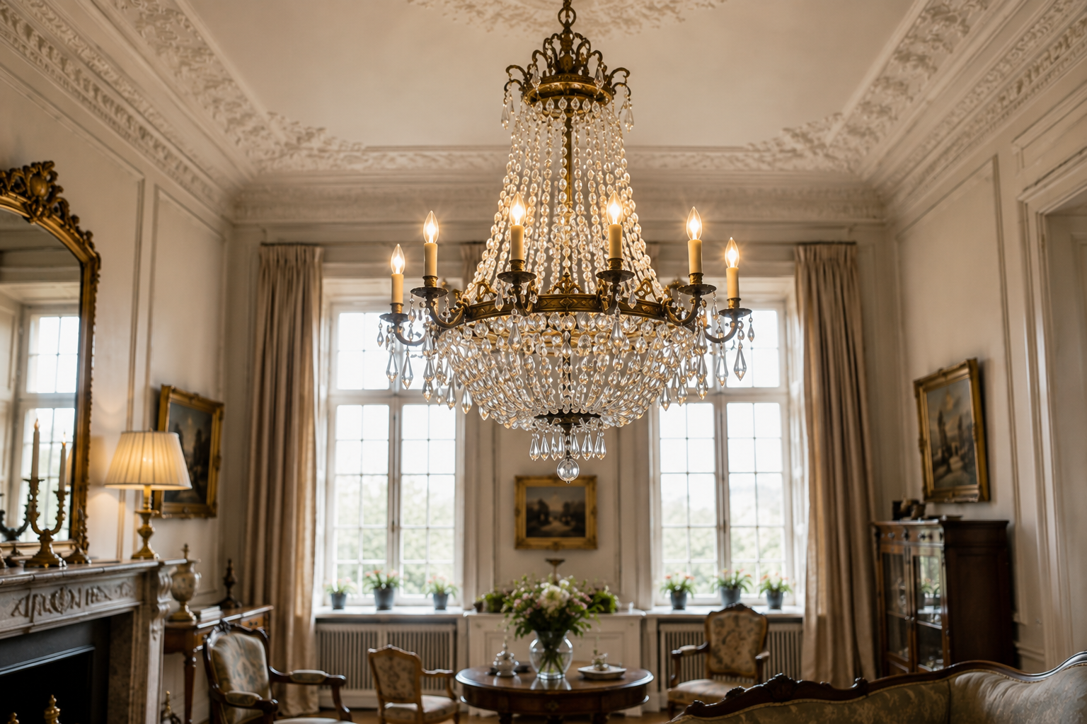 Gammel restaureret krystallysekrone som statement piece i en moderne bolig