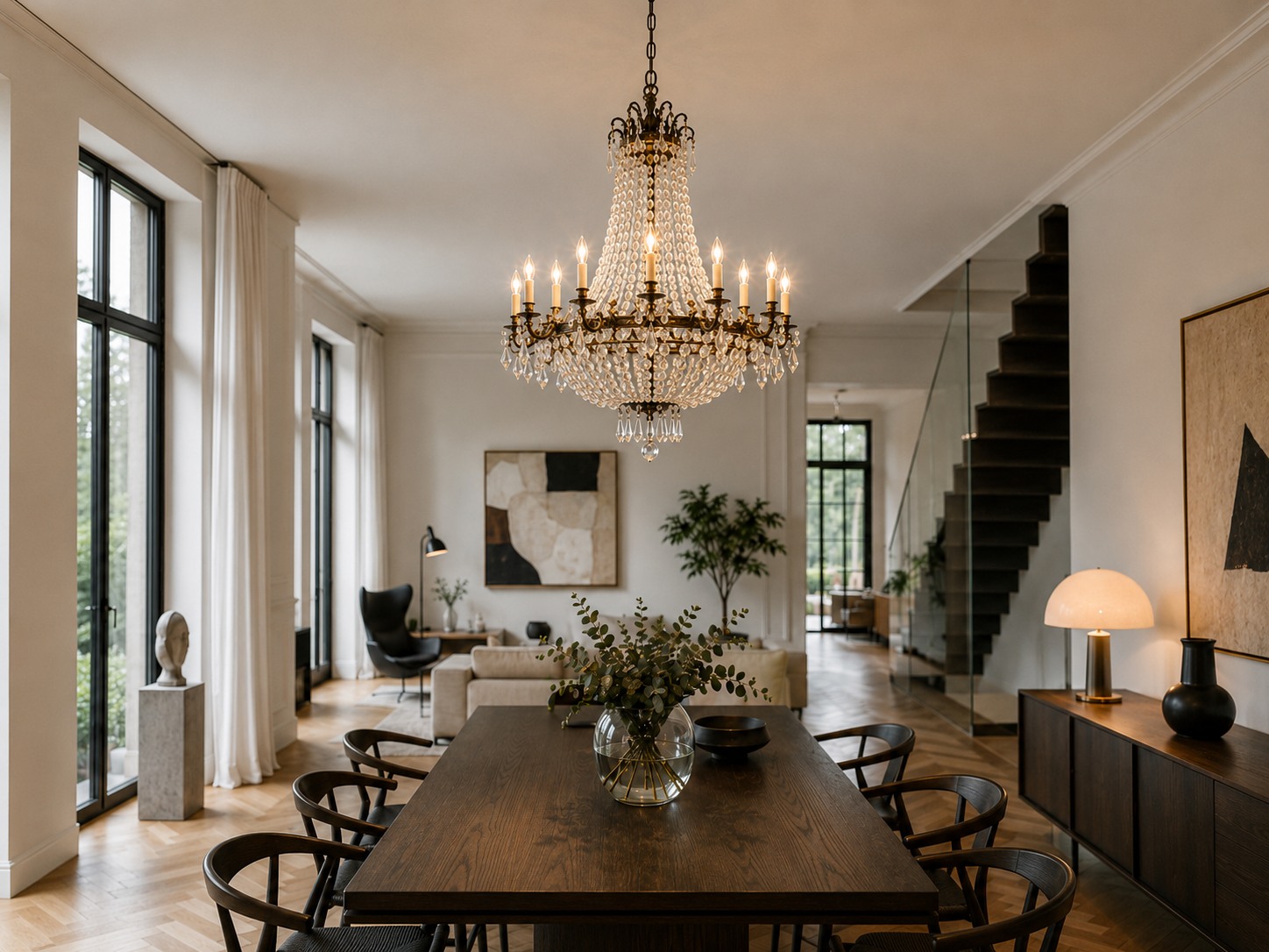 Gammel restaureret krystallysekrone som statement piece i en moderne bolig