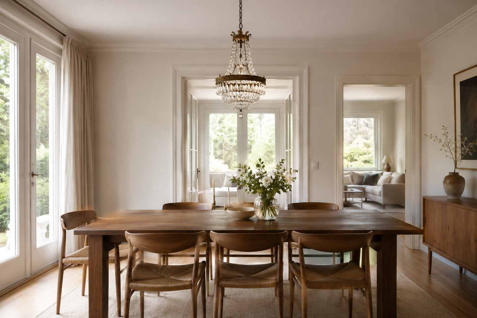 Gammel krystallysekrone som statement piece over spisebord i en moderne bolig